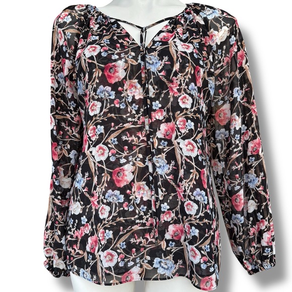 White House Black Market Tops - White House Black Market Sheer Floral Blouse Size 6 Long Sleeve Boho Peasant Top